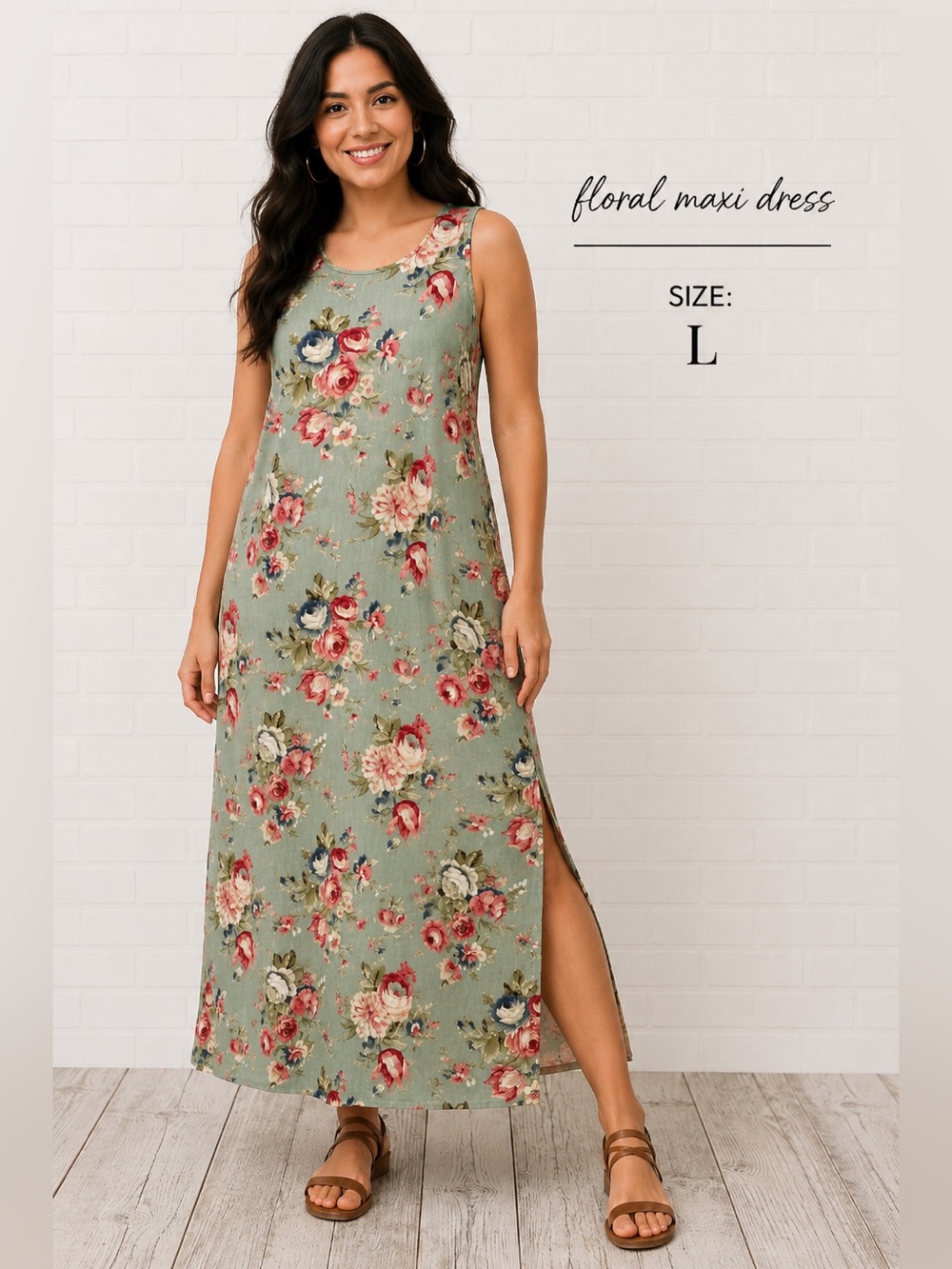 Floral Maxi Dress Sleeveless Side Slit romantic bohemian Cottagecore Boho Size L